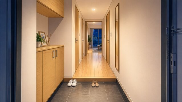 アパートの部屋入り口から部屋の中が見える玄関の夜の風景。ADVやシミュレーションゲームで使える大人向けの高クオリティなイラスト風の背景