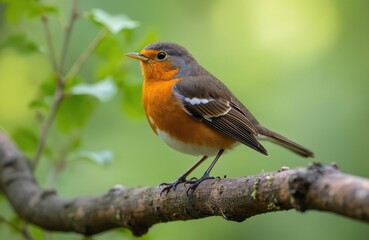 Fototapeta premium Small robin bird with orange chest sits on tree branch. Wild songbird with brown feathers looks alert. Nature scene with green blurry background. Wildlife close up.