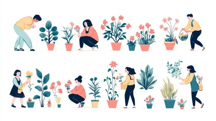 Naklejka premium Hand-drawn illustration set of small cartoon gardeners in various poses caring for flowers, isolated on white, whimsical gardening concept