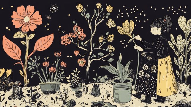 Doodle scene of miniature characters nurturing plants from seed to bloom, comic panel style, monochrome outlines with accent colors