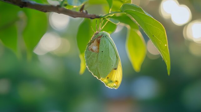 Hanging green cocoon with a partially visible butterfly inside, close-up view capturing the delicate transformation process