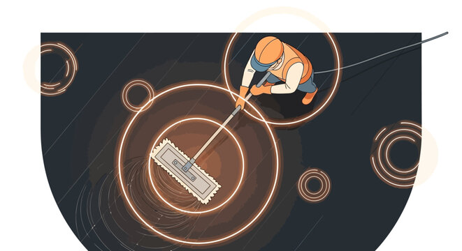 A worker in a hard hat and vest uses a long pole with a device, surrounded by glowing orange circular patterns, suggesting a high-tech maintenance or data collection task.