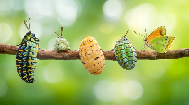 Time-lapse style composition showing caterpillar, cocoon, and butterfly phases suspended on the same branch, nature study concept in soft natural tones