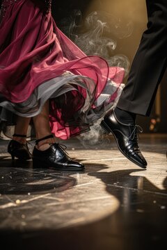 Dancers' feet in midstep with flowing skirt and polished shoes on stage