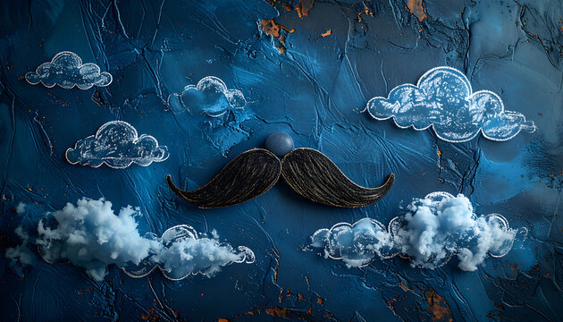 Whimsical Moustache Floating Among Dreamy Clouds in a Blue Sky.