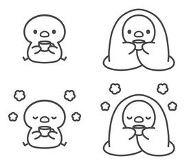 ほっと一息つくひよこの手書き線画イラストセット  コーヒー・お茶・毛布にくるまる © Nitomaru