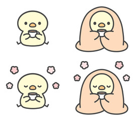 ほっと一息つくひよこの手書きイラストセット  コーヒー・お茶・毛布にくるまる © Nitomaru