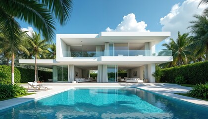 Obraz premium Modern white house with pool and tropical garden. Luxurious villa with palm trees, green hedge. Sunny day, blue sky. Vacation rental property.