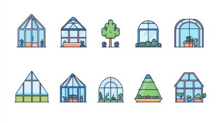 Fototapeta premium Flat outlined icons of different types of greenhouses, including dome, A-frame, and glass pane types, arranged in a neat grid