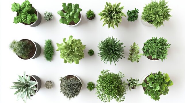 Modern plant decor collection featuring a variety of leafy greens in pots, top view and front view, designed for office and apartment decoration