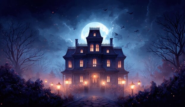 Spooky Victorian mansion under a full moon with bats flying in the night sky