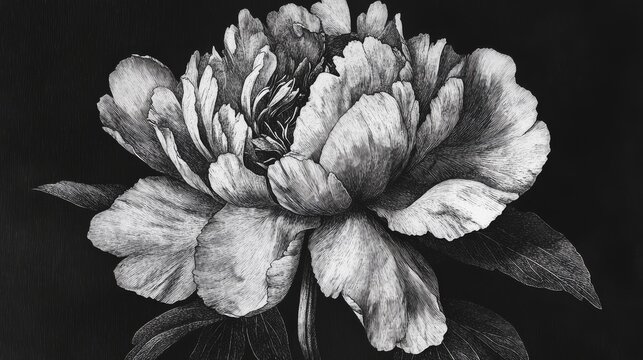 Peony illustration in black and white etching technique, detailed flower head with visible veins on petals, minimal foliage at base