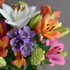 Obraz premium Colorful bouquet with white lily, purple flower, orange and pink blooms, green buds, and lush leaves, vibrant and cheerful arrangement