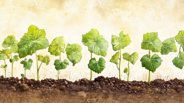 Botanical illustration of Basella alba plant at early growth stage, vibrant green vine leaves growing from rich brown soil, outdoor farm setting
