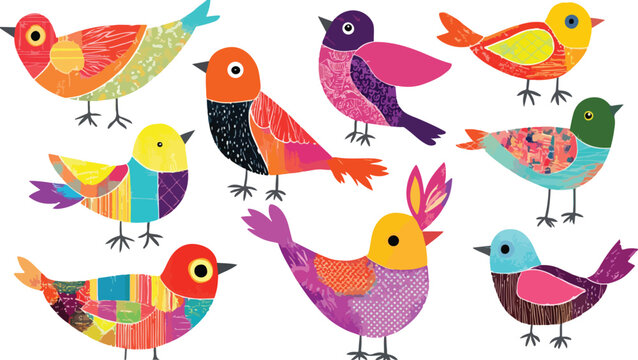 Colorful cute cartoon set of birds including owl parrot and sparrow sitting on a branch vector illustration collection