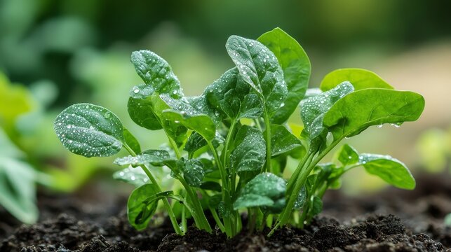 Young Malabar spinach plant rooted in garden soil, dew-covered leaves and tender stems, symbolic of organic vegetable growth