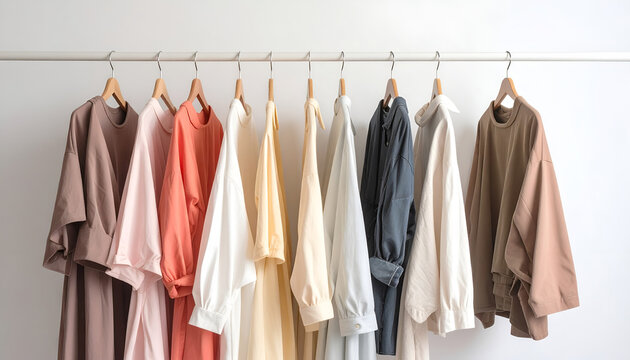 A Collection of Womens Clothing Hanging on a Rack in a Studio Setting.