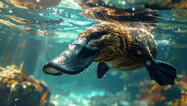 Platypus swimming underwater in ocean environment.