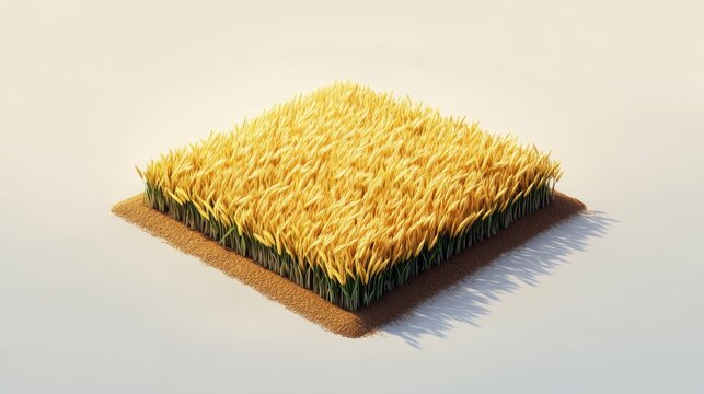 Isometric farming land segment with lush golden wheat ready for harvest, textured soil base and realistic lighting