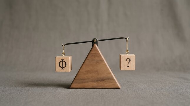 A wooden balance scale shows a cube with the Greek letter Phi and a cube with a question mark suggesting a comparison or inquiry weighing symbol choice decision dilemma concept