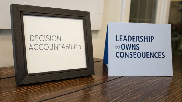 Table display with framed quotes on decision accountability and leadership ownership emphasizing personal responsibility in a corporate environment