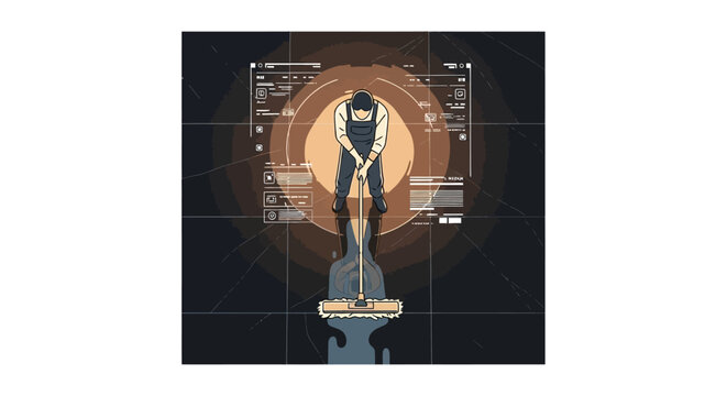 A person in overalls operating a floor cleaning machine with a glowing aura and data interface overlay.