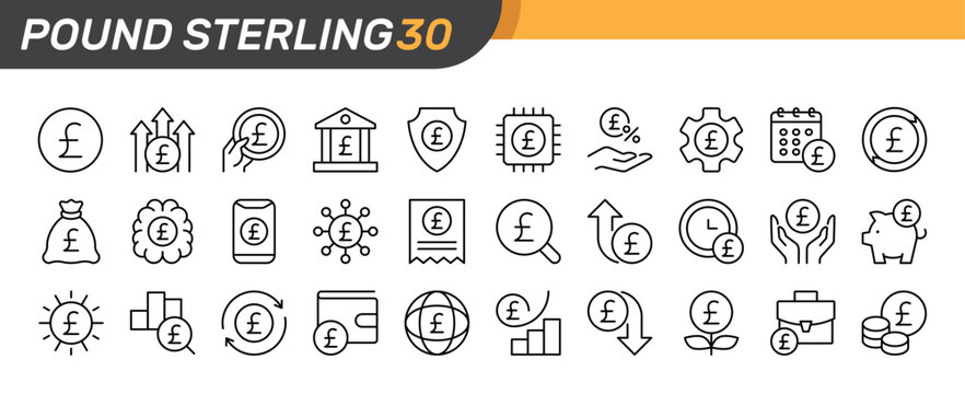 Pound Sterling thin line icon set. GBP Currency, British UK Money, Finance, Banking, Financial concept. Black outline vector icons collection.