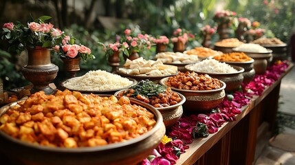Fototapeta premium Colorful Indian Food Buffet with Flowers on Table in Garden