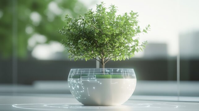 High-tech flowerpot with integrated microchips and data lines, nurturing a thriving tree, clean minimalist eco-technology visual