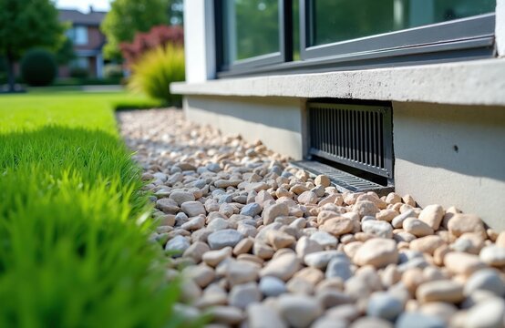 House foundation wall with gravel, drainage grate near green lawn, window. Exterior view shows decorative stones, functional water management system around building perimeter for moisture control.