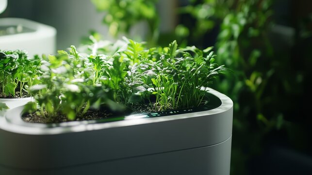 Eco-friendly smart planter with green foliage emerging from a tech-integrated base, symbol of green IT, CSR, and environmental responsibility