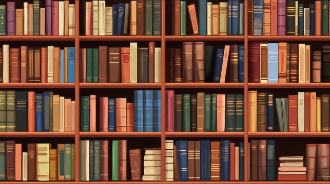 Flat vector illustration of a large wooden bookshelf filled with novels, encyclopedias, and educational books, neat and color-coded