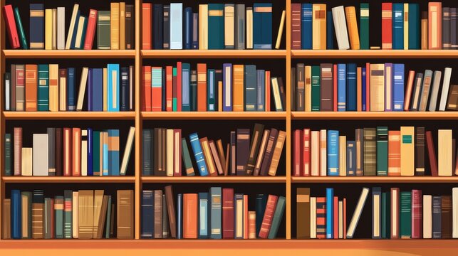 Flat vector illustration of a large wooden bookshelf filled with novels, encyclopedias, and educational books, neat and color-coded