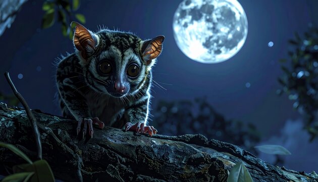 A possum sitting on a tree branch under a full moon at night.