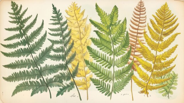 Vintage botanical chromolithograph showing multiple fern species in different leaf colors&acirc;&euro;&rdquo;green, yellow, and brown&acirc;&euro;&rdquo;labeled with Latin names