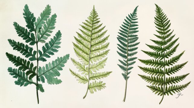 Artistic botanical study of ferns with detailed frond shapes and textures, colored in naturalistic tones, classic antique illustration style
