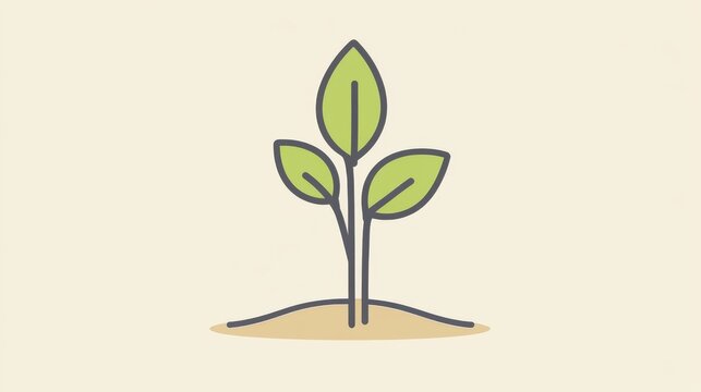 Simple flat plant sprout icon with thin stem and oval leaves, eco-style line art with green and brown color scheme