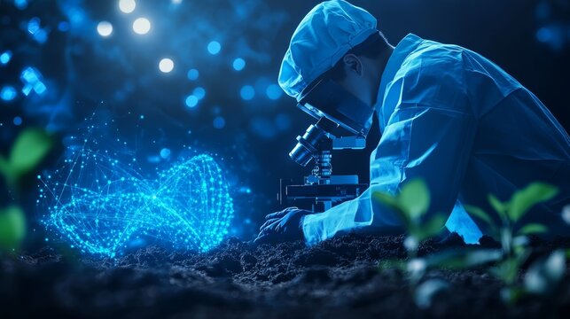 Conceptual illustration of biochemist using digital microscope to identify plant DNA in soil, blue lighting and holographic interface elements