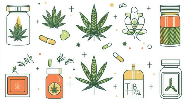 Colorful linear design icons of cannabis plant, cannabidiol bottle, THC warning sign, and herbal treatment elements, arranged in a neat grid