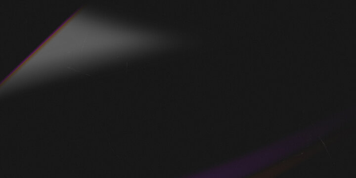Dark minimalist light leak texture with white prismatic glow and subtle scratches. Vintage geometric abstract film overlay for modern photo effects and sci-fi aesthetic.