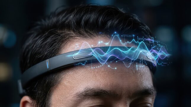 Holographic brainwave signal from wearable neurotechnology headband for brain computer interface and biometric data concept