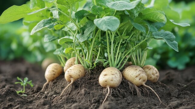 Full potato plant with foliage, stalk, and multiple tubers growing underground, scientific plant study style, crisp and detailed