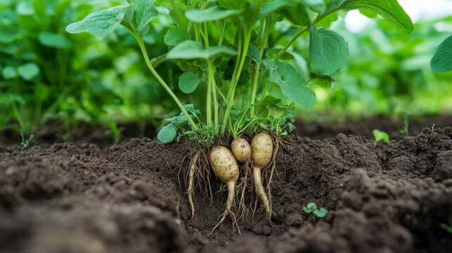 Side-view of a potato plant showing cross-section of soil, exposing tubers connected by root system, plant in healthy green state