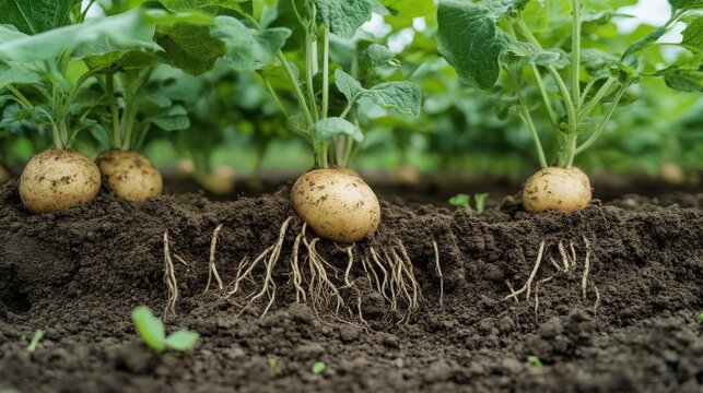 Side-view of a potato plant showing cross-section of soil, exposing tubers connected by root system, plant in healthy green state