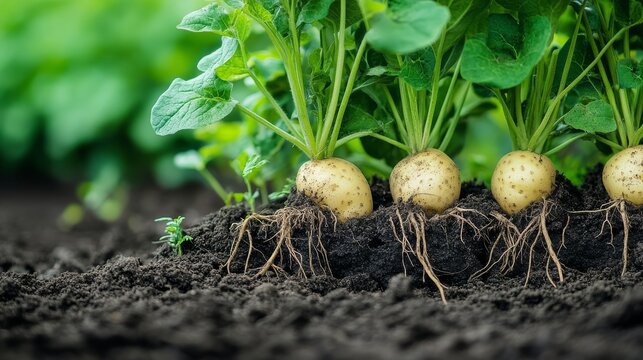 Side-view of a potato plant showing cross-section of soil, exposing tubers connected by root system, plant in healthy green state