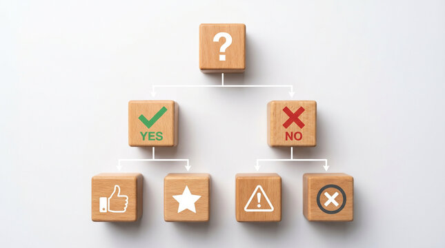 Wooden cubes arranged in a branching decision tree pattern with yes and no path icons on a clean white background for business decision modeling.