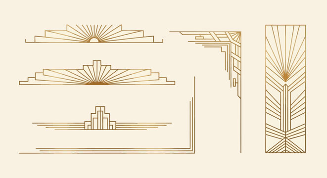 Art Deco Gold Geometric Border and Corner Frame Elements Set