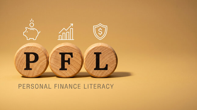 Three warm wood discs spelling PFL with a piggy bank, graph, and shield icon above on a warm sand-gold background for personal finance education.