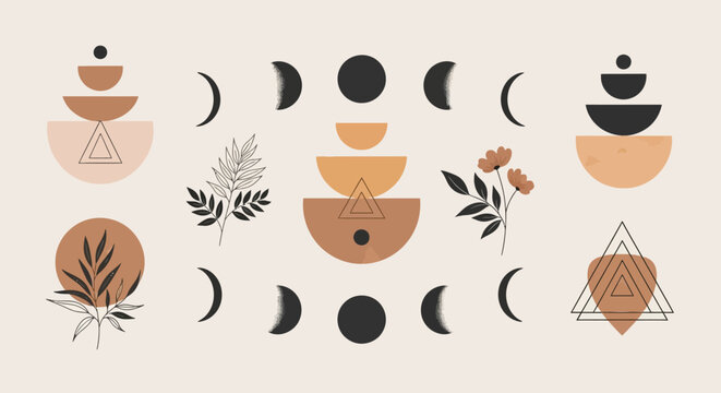 Boho Abstract Geometric Moon Phases and Botanical Elements Set