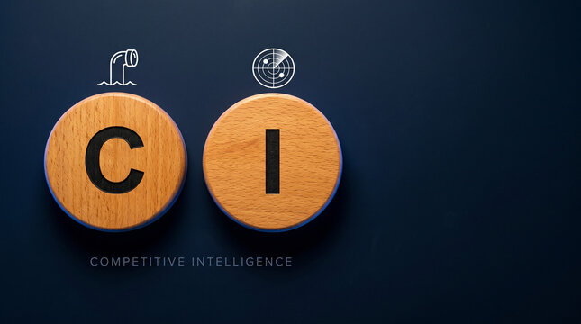 Wood discs spelling CI with a periscope surveillance and radar icon above on a deep navy background for competitive intelligence strategy.